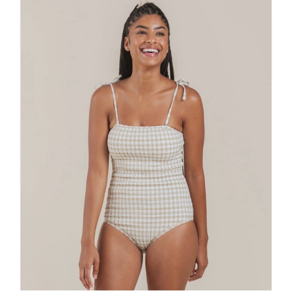 Rylee + Cru striped smocked one piece swimsuit neutral colors size XL - Picture 2 of 4